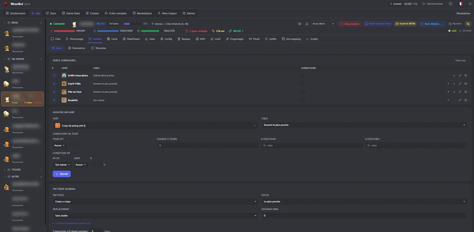 Dashboard MoonBot pour Dofus 3 — onglet Combat avec la configuration des sorts, des conditions de tour et de la tactique globale
