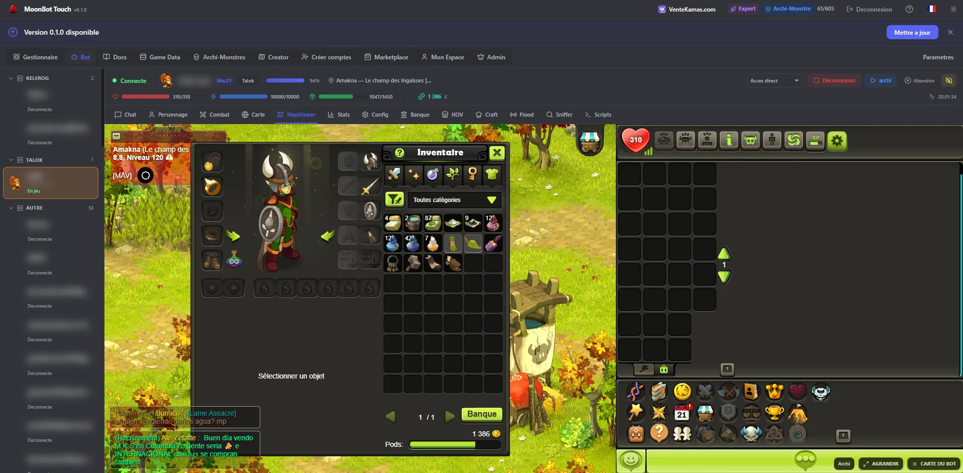 MoonBot Touch — le jeu Dofus Touch affiché directement dans le navigateur via le MITM intégré, à côté des onglets de pilotage du bot