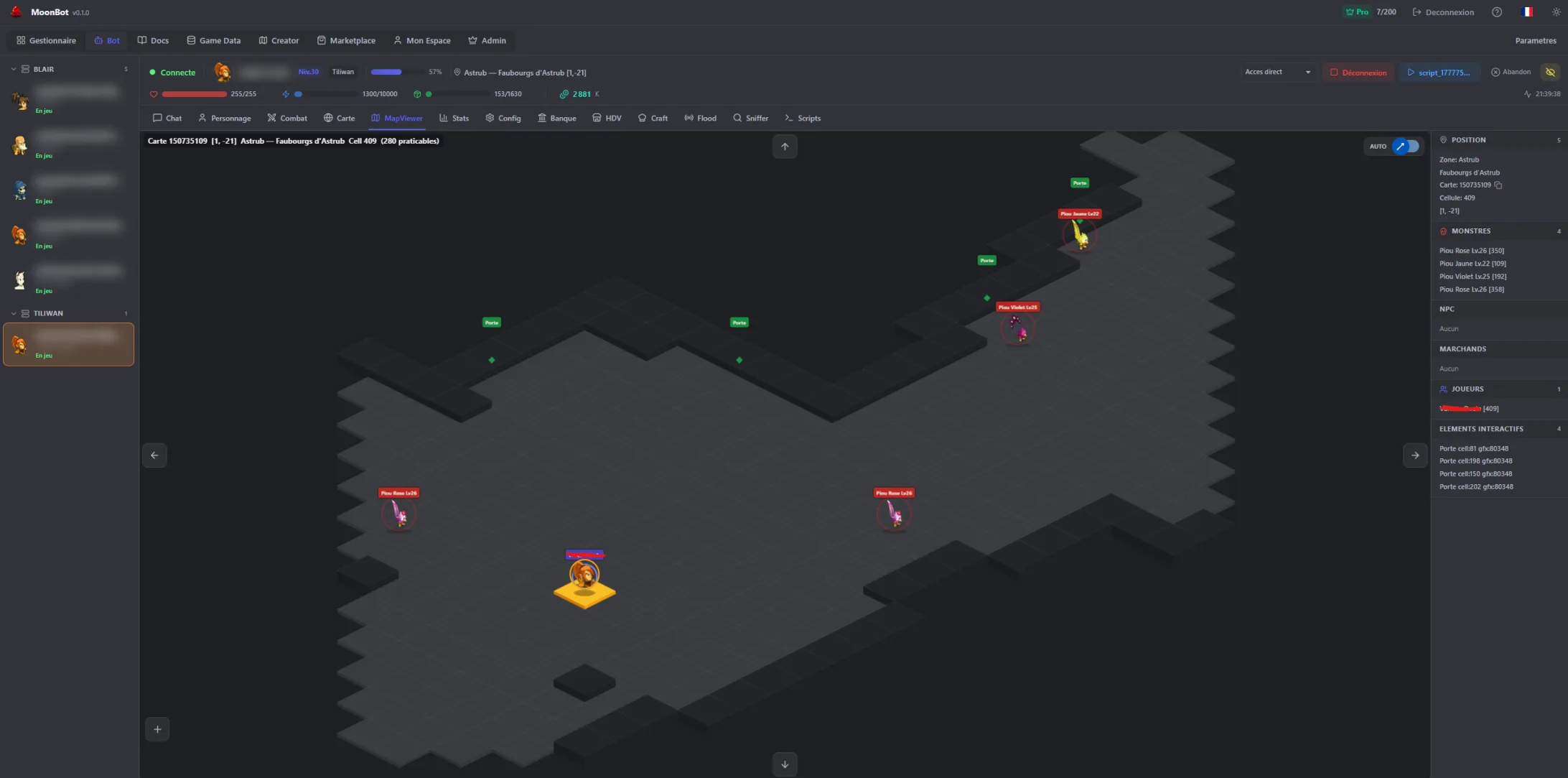 MapViewer isométrique de MoonBot — reconstitution de la map avec la position du personnage, les monstres et leur niveau, les portes et les éléments interactifs