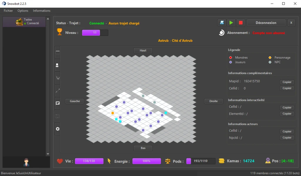 Interface Snowbot — vue de la carte, panneaux d'informations sur les monstres, joueurs et éléments interactifs, et statistiques du personnage