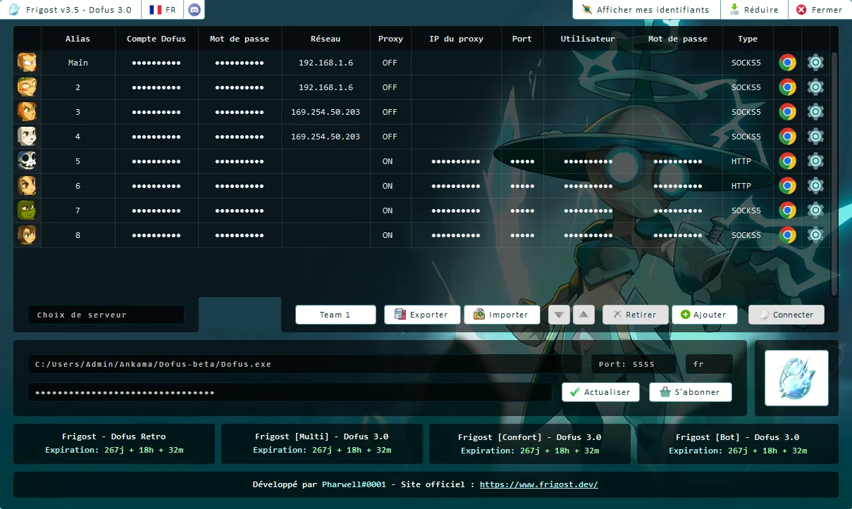 Interface principale du logiciel Frigost pour Dofus — vue générale des scripts, modules et configuration