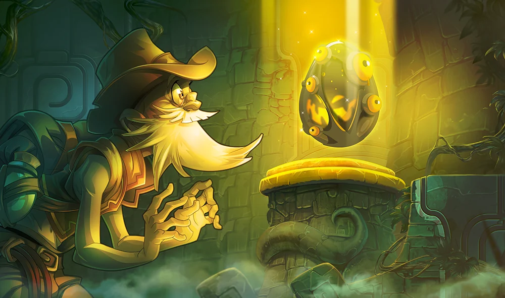 Illustration Dofus Touch : un personnage face à un Dofus posé sur un piédestal