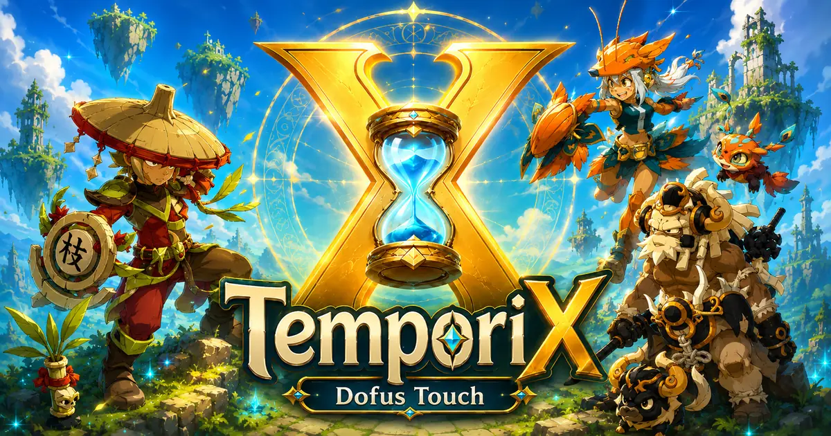 Bannière TemporiX sur DOFUS Touch : sablier et personnages du jeu