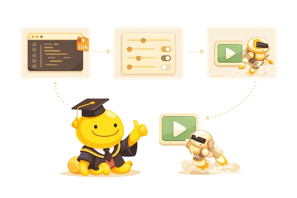 Illustration Koro Sensei montrant le fonctionnement d'un bot Dofus : scripts, configuration, lancement